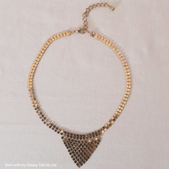 Art Deco Mesh Bib Necklace Gold Tone Choker Lobster Clasp With Extension - Picture 2 of 9